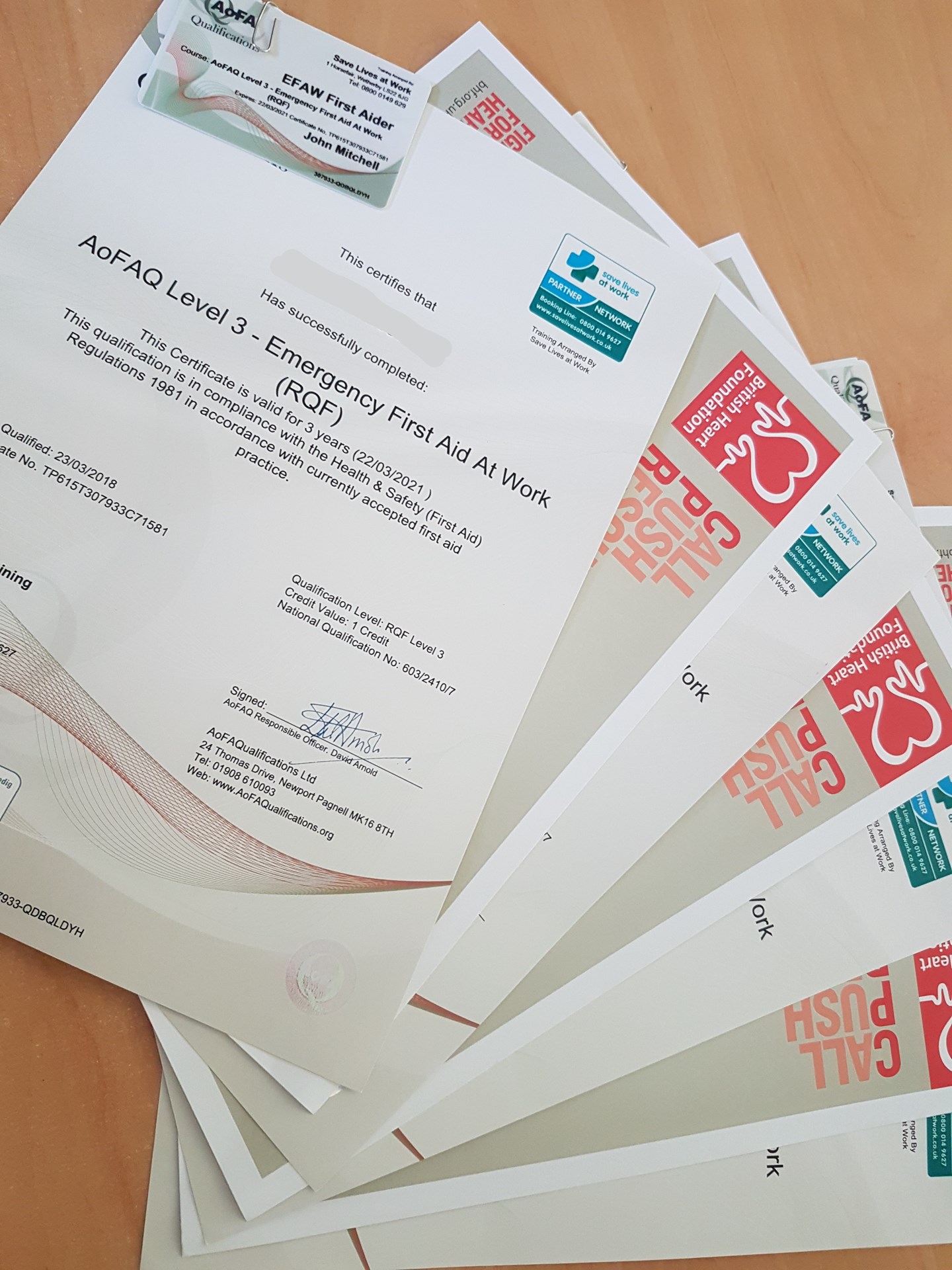 First Aid certificates
